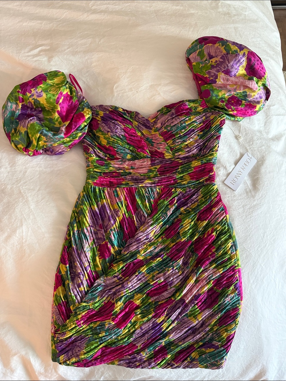 Ronny Kobo Multicolor Fuchsia, Green & Purple Puff-Sleeve Mini Dress